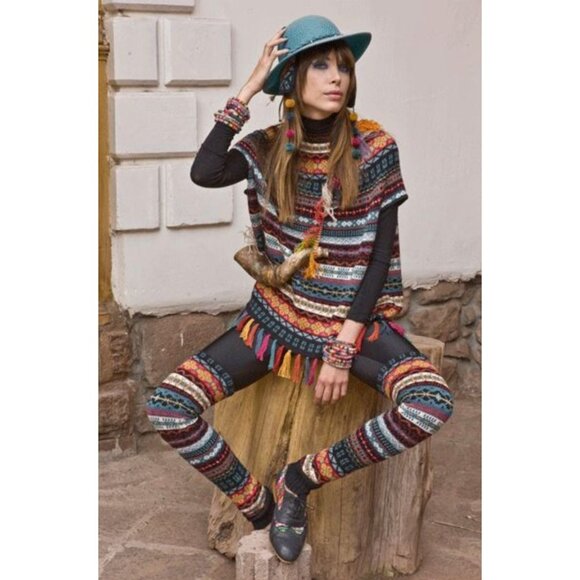 Carolina K Alpaca Wool Fringe Poncho Sweater Multicolor Geometric Medium Boho - Picture 11 of 14